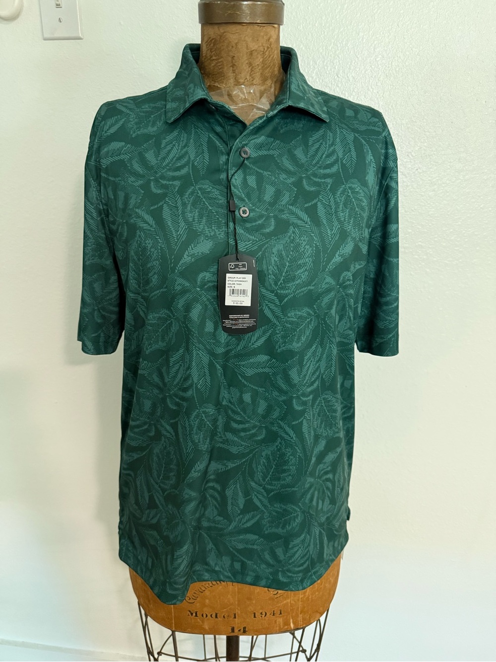 NWT Greg Norman Collection Teal Green Leaf-Print Polo Size S